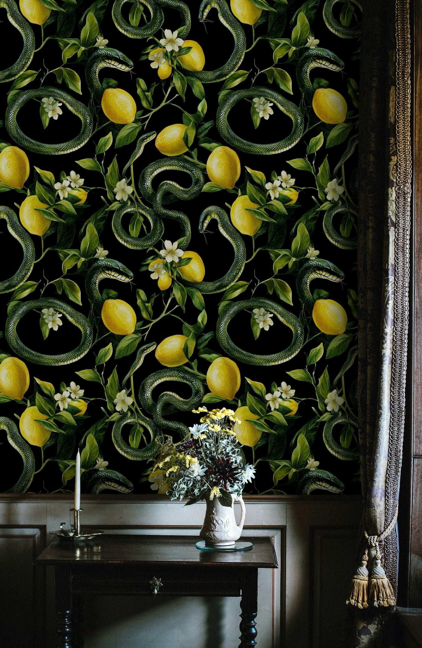Exotic Lemon Garden and Snakes Pattern Wallpaper, Mystic Dark Botanical Nature Wallpaper, Floral Wallpaper, Orchard Wallpaper