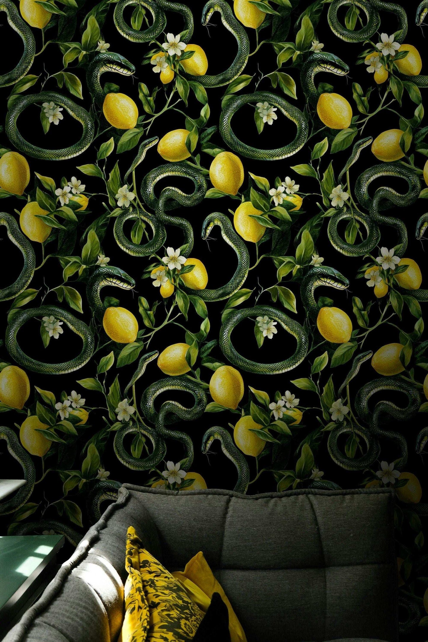 Exotic Lemon Garden and Snakes Pattern Wallpaper, Mystic Dark Botanical Nature Wallpaper, Floral Wallpaper, Orchard Wallpaper