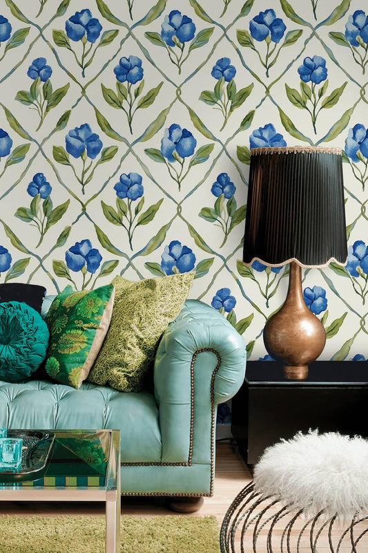 Blue Flower Garden Wallpaper, Vintage Floral Pattern with Watercolor Wall Mural, Romantic Drawing Mural, Colorful Wallpaper, Elegant Mural