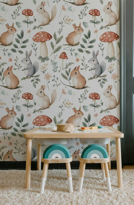 Forest Tale Wallpaper, Mushrooms and Rabbits in the Forest Wallpaper For Kidsroom, Wallpaper Nursery, Nature Wallpaper, Baby Girl Wallpaper