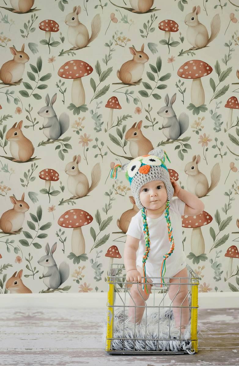 Forest Tale Wallpaper, Mushrooms and Rabbits in the Forest Wallpaper For Kidsroom, Wallpaper Nursery, Nature Wallpaper, Baby Girl Wallpaper