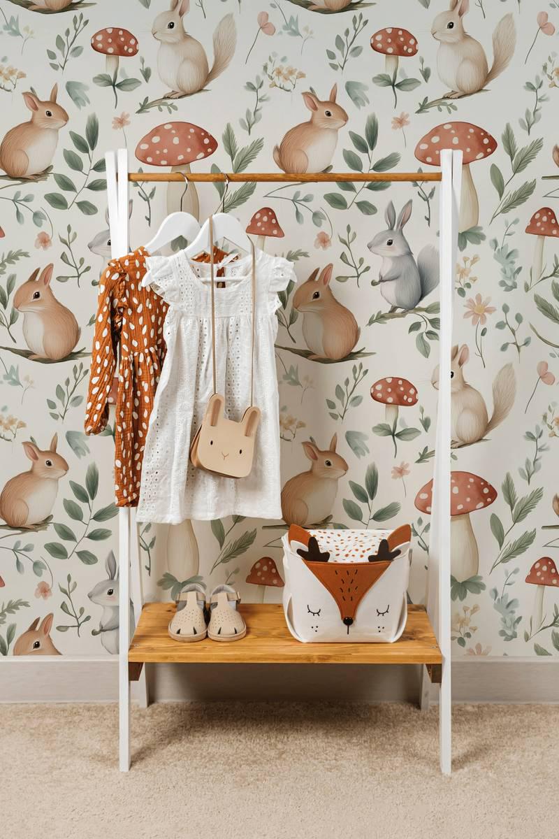Forest Tale Wallpaper, Mushrooms and Rabbits in the Forest Wallpaper For Kidsroom, Wallpaper Nursery, Nature Wallpaper, Baby Girl Wallpaper