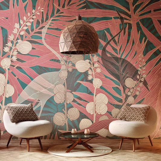 Vintage Style Red Blue Color Leaves Cream Color Flowers Wallpaper, Vintage Floral Pattern Wallpaper, Mystic Mural, Illustration Wallpaper