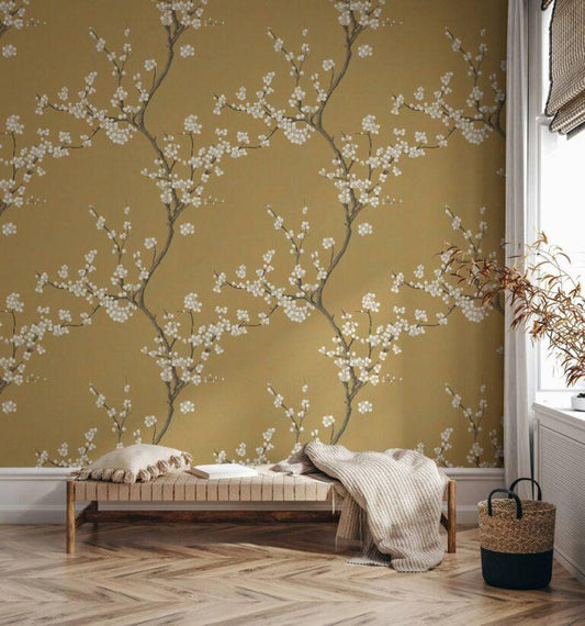 Mustard Color Chinese Inspired Wallpaper, Vintage Floral Wallpaper, Romantic Wall Mural, Peel and Stick Wallpaper, Yellow Drawing Wallpaper