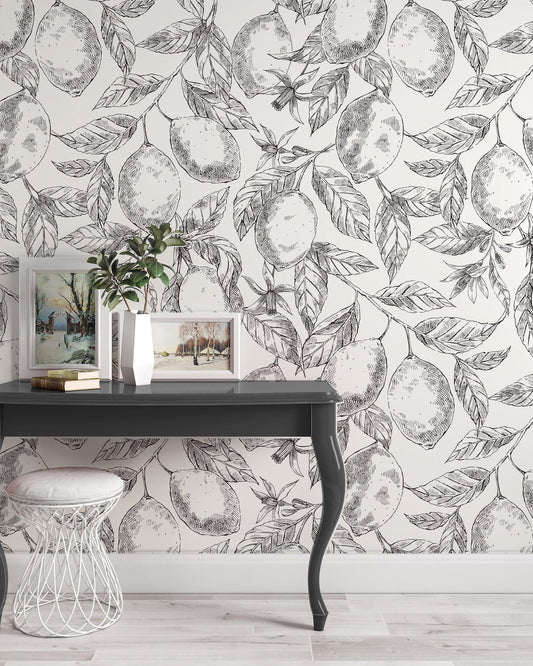 Lemon Citrus Realistic Leaves Wallpaper, Floral Wallpaper, Romantic Wallpaper, Black-White Orchard Mural, illustration Drawing Wallpaper