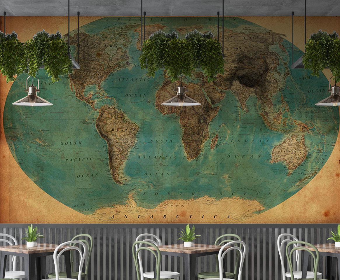 Antique World Map Wallpaper in Turquoise Shades, Ancient Bohemian Wallpaper, Peel and Stick Historical Wallpaper, Drawwing Map Wallpaper