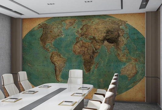 Antique World Map Wallpaper in Turquoise Shades, Ancient Bohemian Wallpaper, Peel and Stick Historical Wallpaper, Drawwing Map Wallpaper