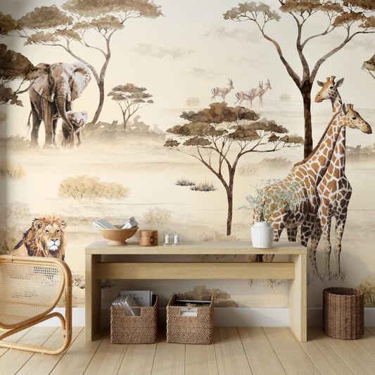 Safari Animals Wallpaper in Africa, Exotic Jungle Wallpaper, Brown Wall Mural, Peel and Stick Wallpaper, Safari Drawing Wallpaper