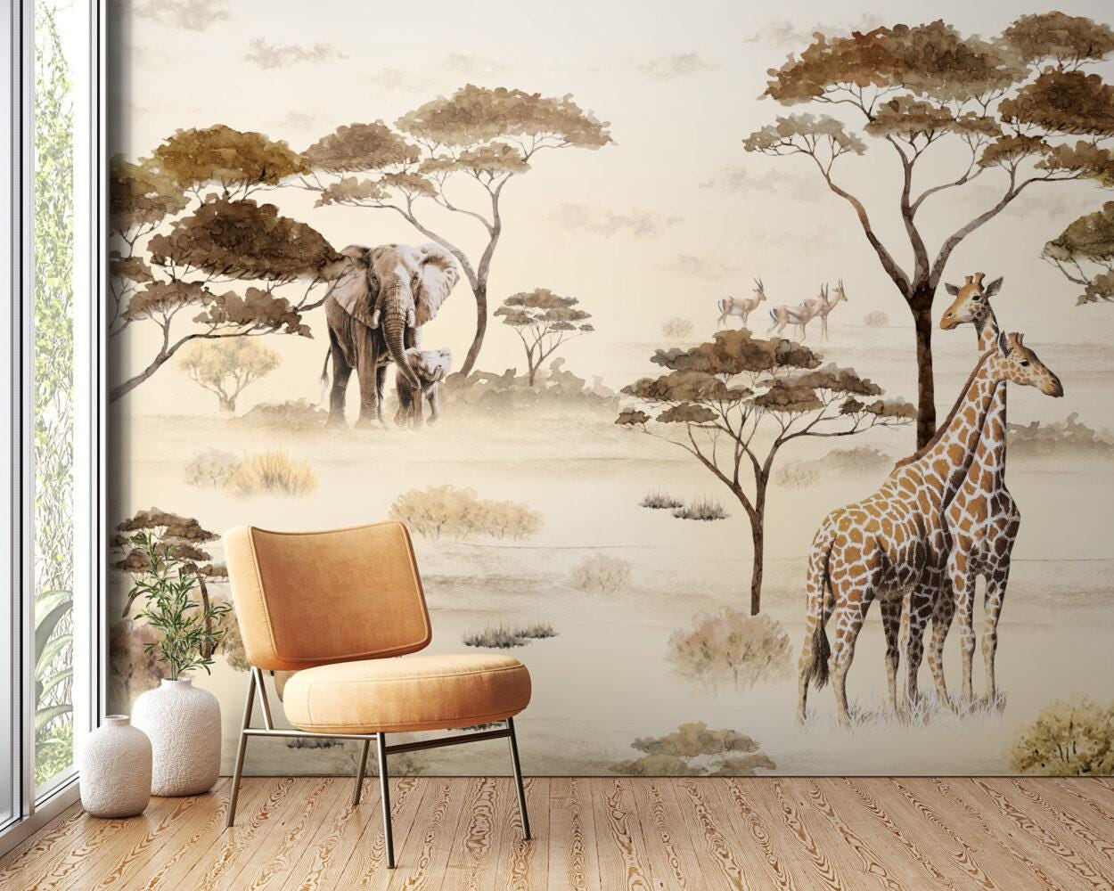 Safari Animals Wallpaper in Africa, Exotic Jungle Wallpaper, Brown Wall Mural, Peel and Stick Wallpaper, Safari Drawing Wallpaper