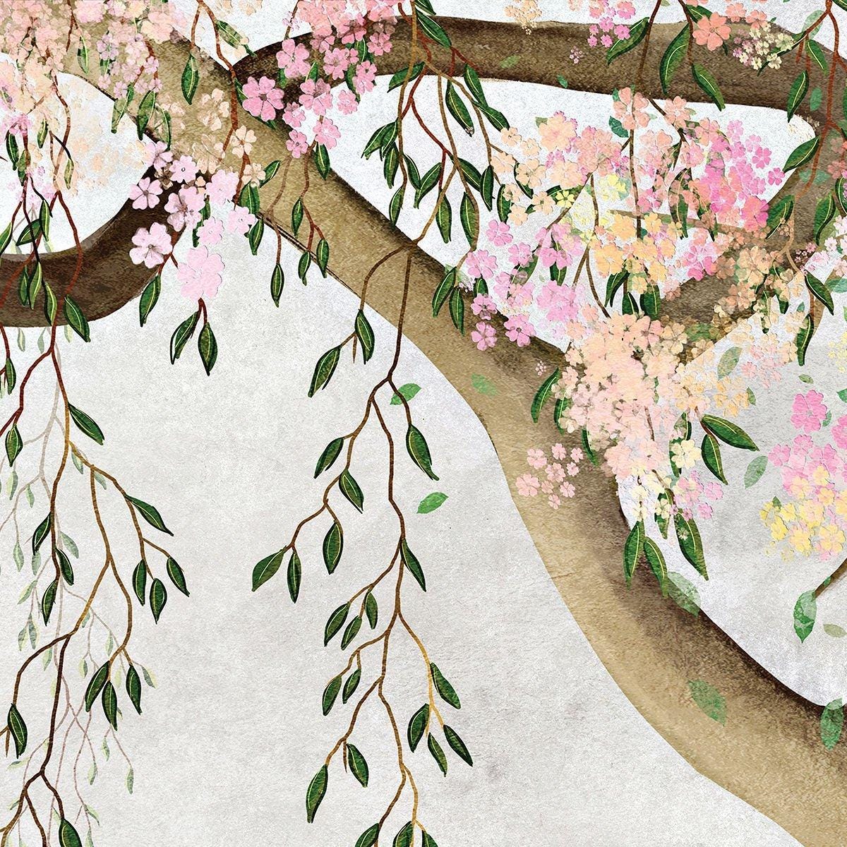 Tree with Pink Flowers Baby Girl Wallpaper, Wallpaper Nursery, Nature Kids Poster, Soft Pink Baby Room Mural, Watercolor Wallpaper Nursery