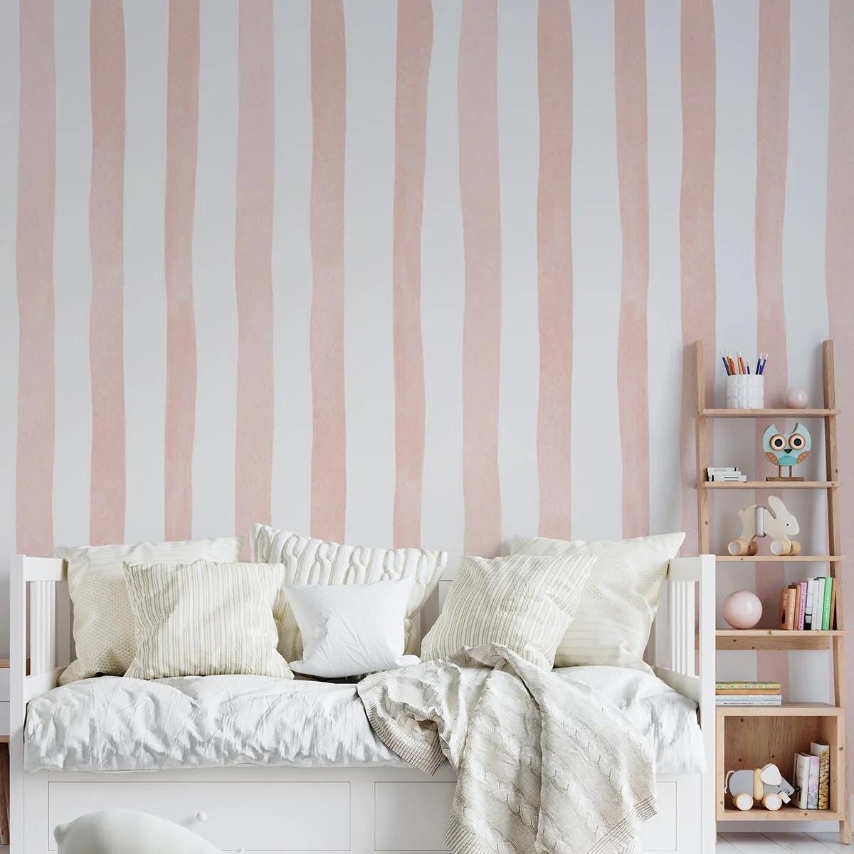 Child Room Salmon Pink Striped Wallpaper, Watercolor Kid Mural, Watercolor brush Wallpaper Nursery, School Wallpaper, Pink Baby Wallpaper