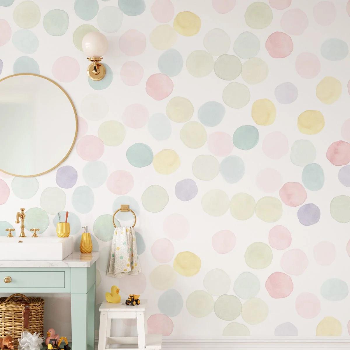 Colourful Polka Dot Wallpaper, Watercolor Wallpaper Nursery, Baby Room Wallpaper, School Wallpaper, Fun Kid Wallpaper, Kids Bath Mural