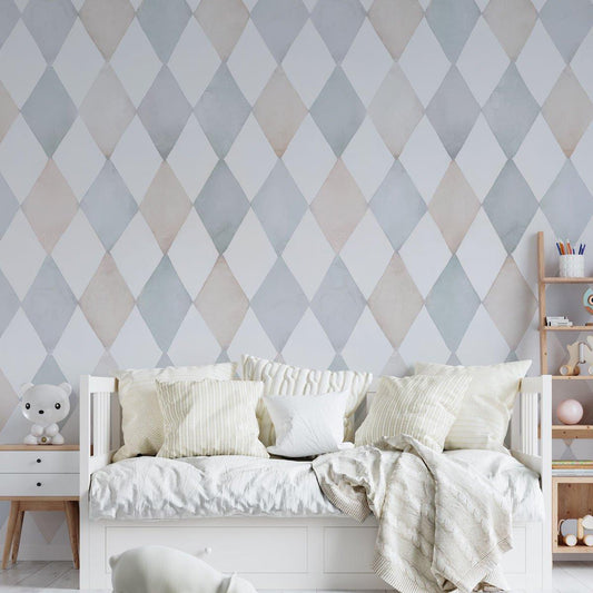 Harlequin Pattern Kidsroom Wallpaper, Watercolor Mural Nursery, Pink and Blue Baby Wallpaper, School Wallpaper, Diamond Baby Room Wallpaper
