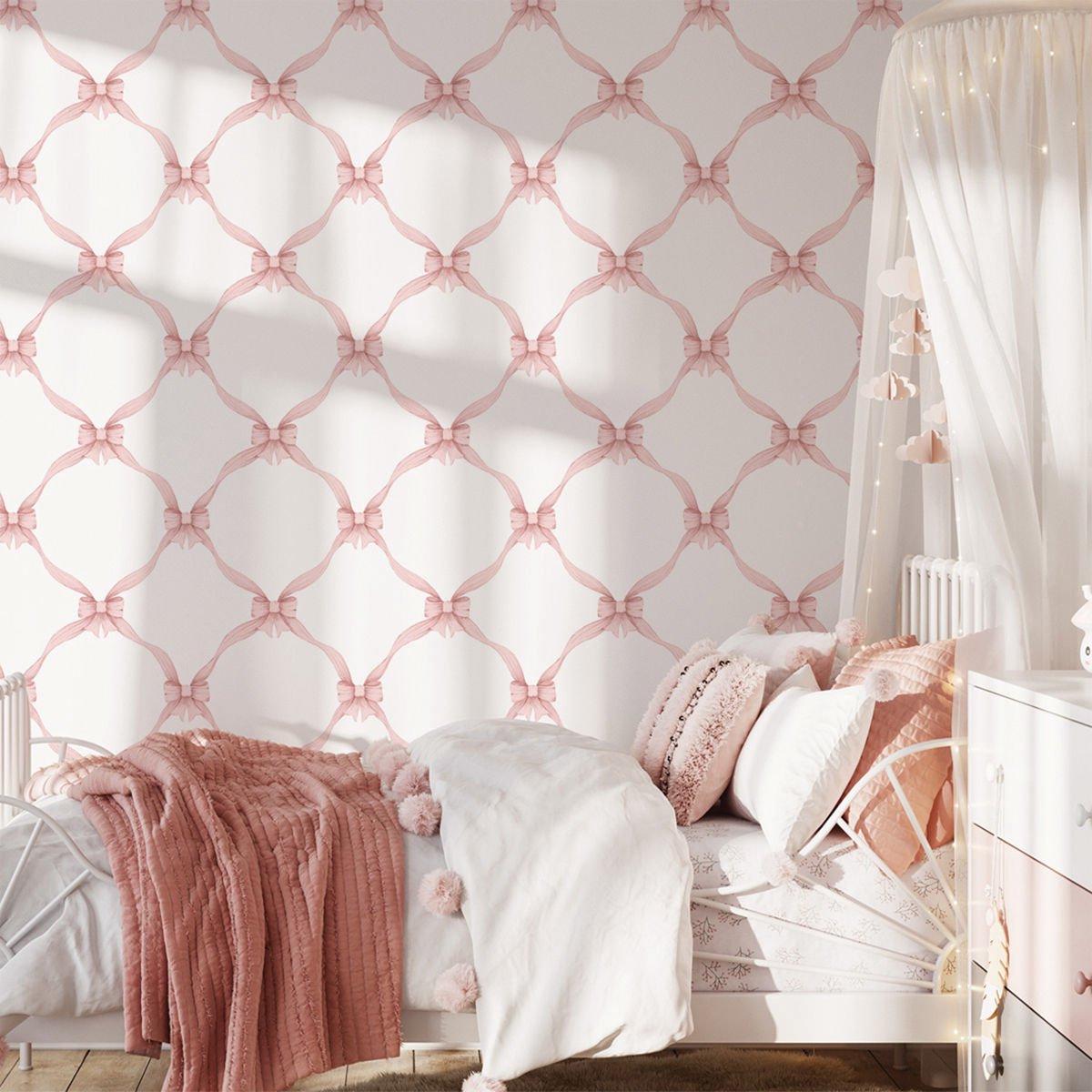 Pink Bow Baby Girl Wallpaper, Watercolor Ribbon Wallpaper Nursery, Pink Baby Girl Wallpaper, School Wallpaper, Pink Baby Room Wallpaper