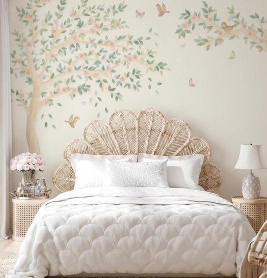 Spring Tree with Pink Flowers and Birds Baby Girl Wallpaper, Wallpaper Nursery, Soft Pink Baby Mural, Watercolor Nature Kids Wallpaper