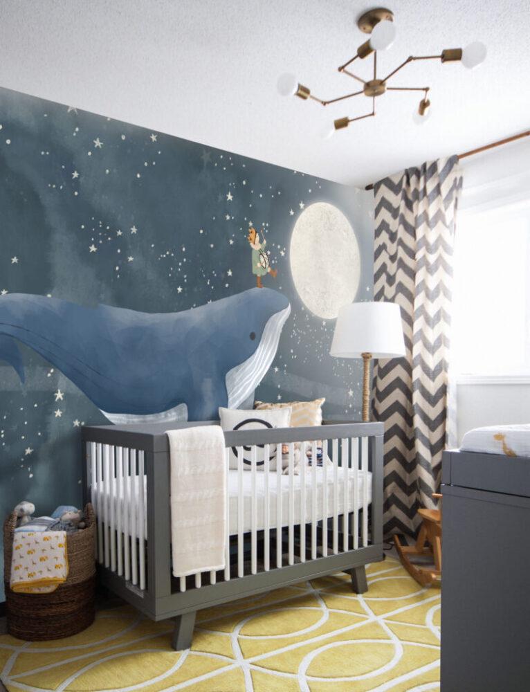 Child on Whale Patterned 3D Wallpaper, Underwater Wallpaper For Kidsroom, Sea Wallpaper Nursery, Blue Peel and Stick Childrens Wallpaper