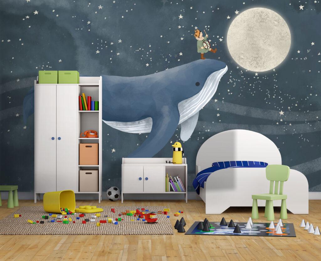 Child on Whale Patterned 3D Wallpaper, Underwater Wallpaper For Kidsroom, Sea Wallpaper Nursery, Blue Peel and Stick Childrens Wallpaper