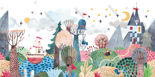 3D Castle-Looking Colorful Wallpaper for Kidsroom, İllustration Wallpaper Nursery , Children's Tale Wallpaper , Fun Baby Wallpaper