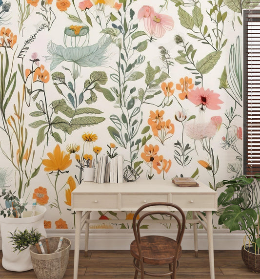 Wild Flowers and Leaves Wallpaper, Floral Wallpaper, Colourful Romantic Mural, Peel and Stick Wallpaper, Spring Themed Drawing Wallpaper