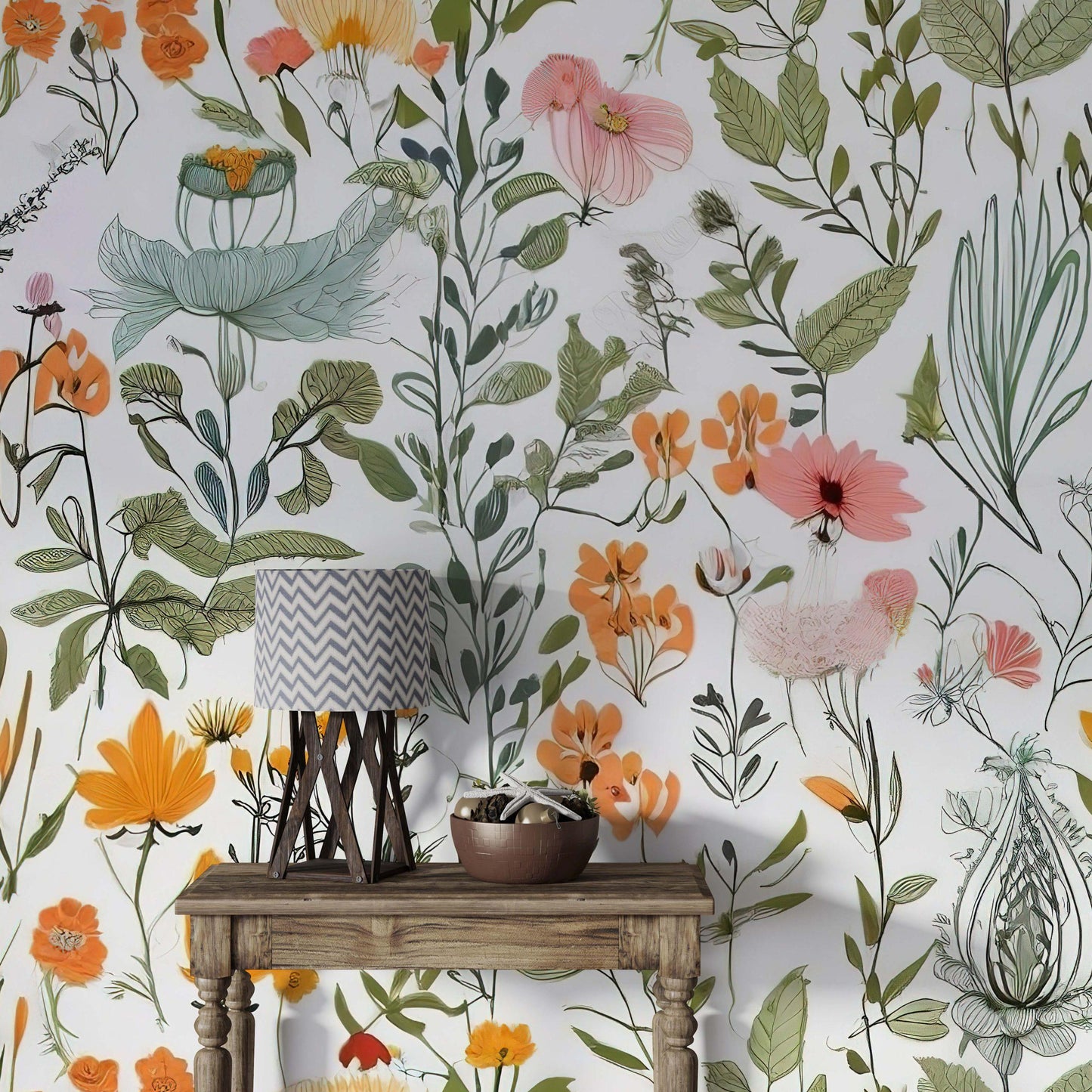 Wild Flowers and Leaves Wallpaper, Floral Wallpaper, Colourful Romantic Mural, Peel and Stick Wallpaper, Spring Themed Drawing Wallpaper