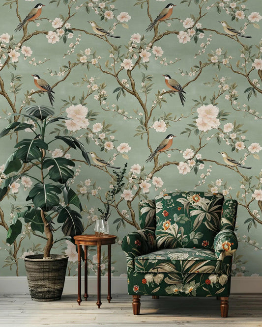 Elegance of Nature Hand-Drawn Green Background Wallpaper with Birds and Flowers, Vintage Floral Pattern Wallpaper, Romantic Drawing Mural