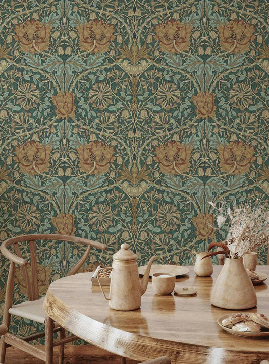 William Morris Green Turquoise Wallpaper, Vintage Nature Wallpaper, Romantic Wall Mural, Peel and Stick Wallpaper, Drawing Art Wallpaper
