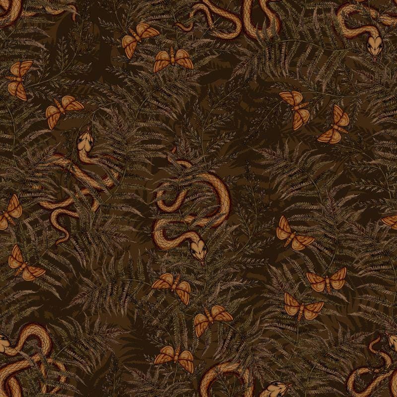 Dark Botanical wallpaper Snakes, Exotic Butterfly and Poison Ivy, Exotic Plants Black background Wallpaper, Leather Look Wallpaper