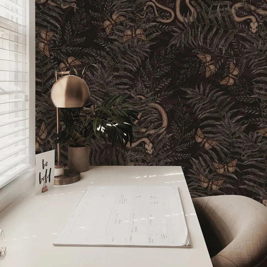 Dark Botanical wallpaper Snakes, Exotic Butterfly and Poison Ivy, Exotic Plants Black background Wallpaper, Leather Look Wallpaper