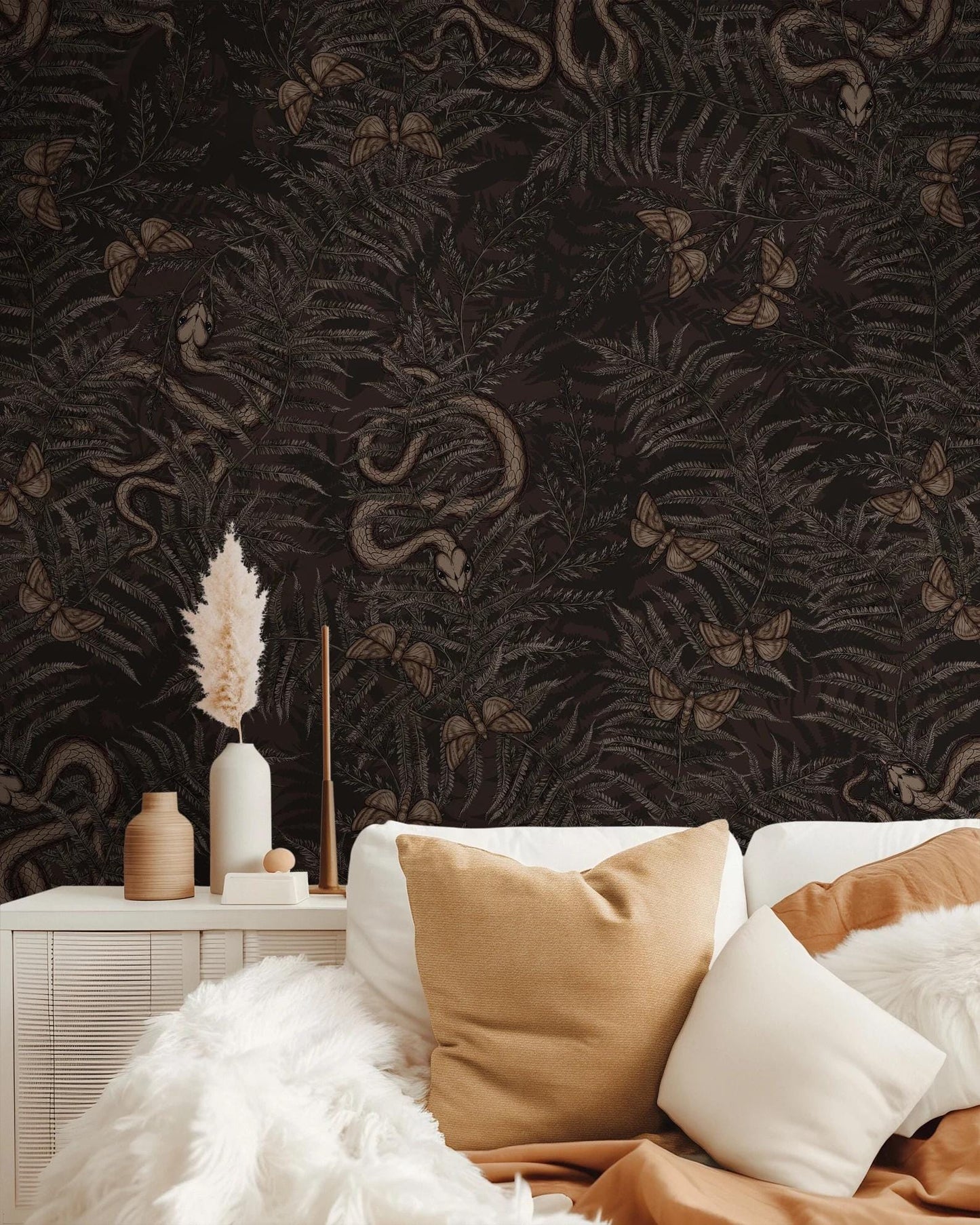 Dark Botanical wallpaper Snakes, Exotic Butterfly and Poison Ivy, Exotic Plants Black background Wallpaper, Leather Look Wallpaper