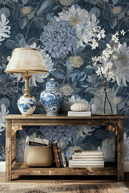 Blue Floral Wallpaper, Bohemian Wallpaper, Chrysanthemums Mural, Botany Peel and Stick Wallpaper, Stylish Room Design, Blue Wallpaper