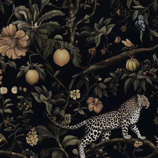 Exotic Fruits Flowers and Wild Leopard in Dark Jungle Wallpaper, Black Tropical Animal and Nature Wallpaper, Botanical and Lemon wallpaper