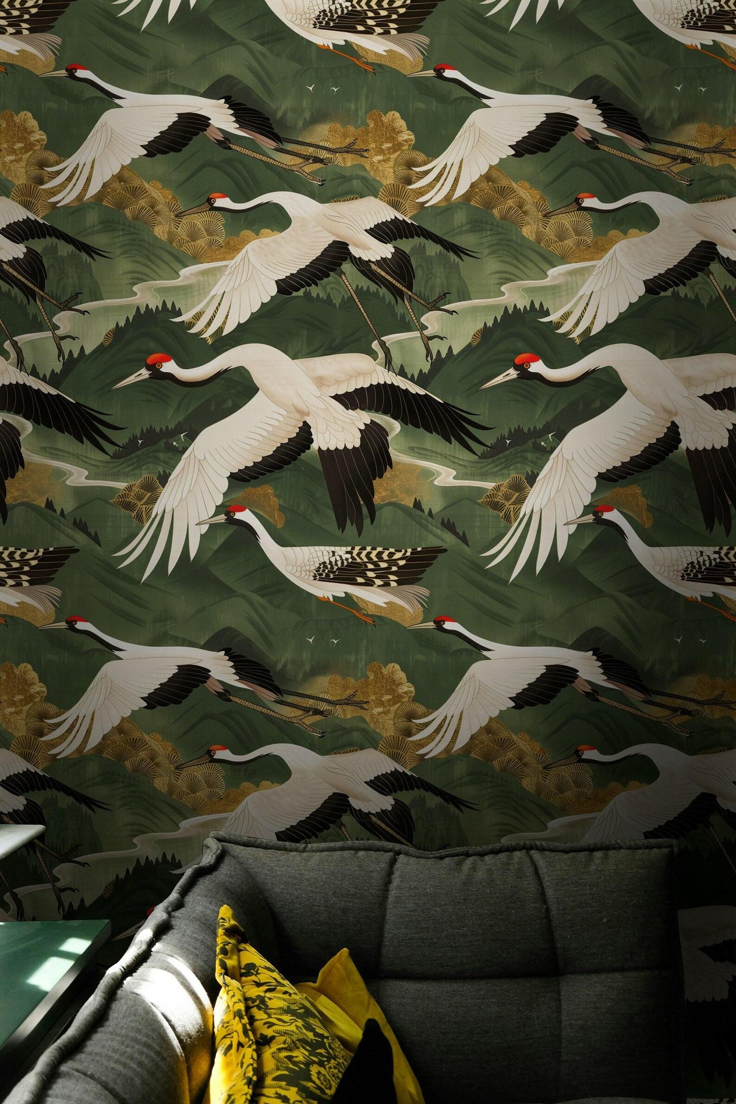 Crane Birds Flying in Green Sky Wallpaper, Mystic Artistic Wallpaper, Romantic Wall Mural, Peel and Stick Wallpaper, Bohemian Wallpaper
