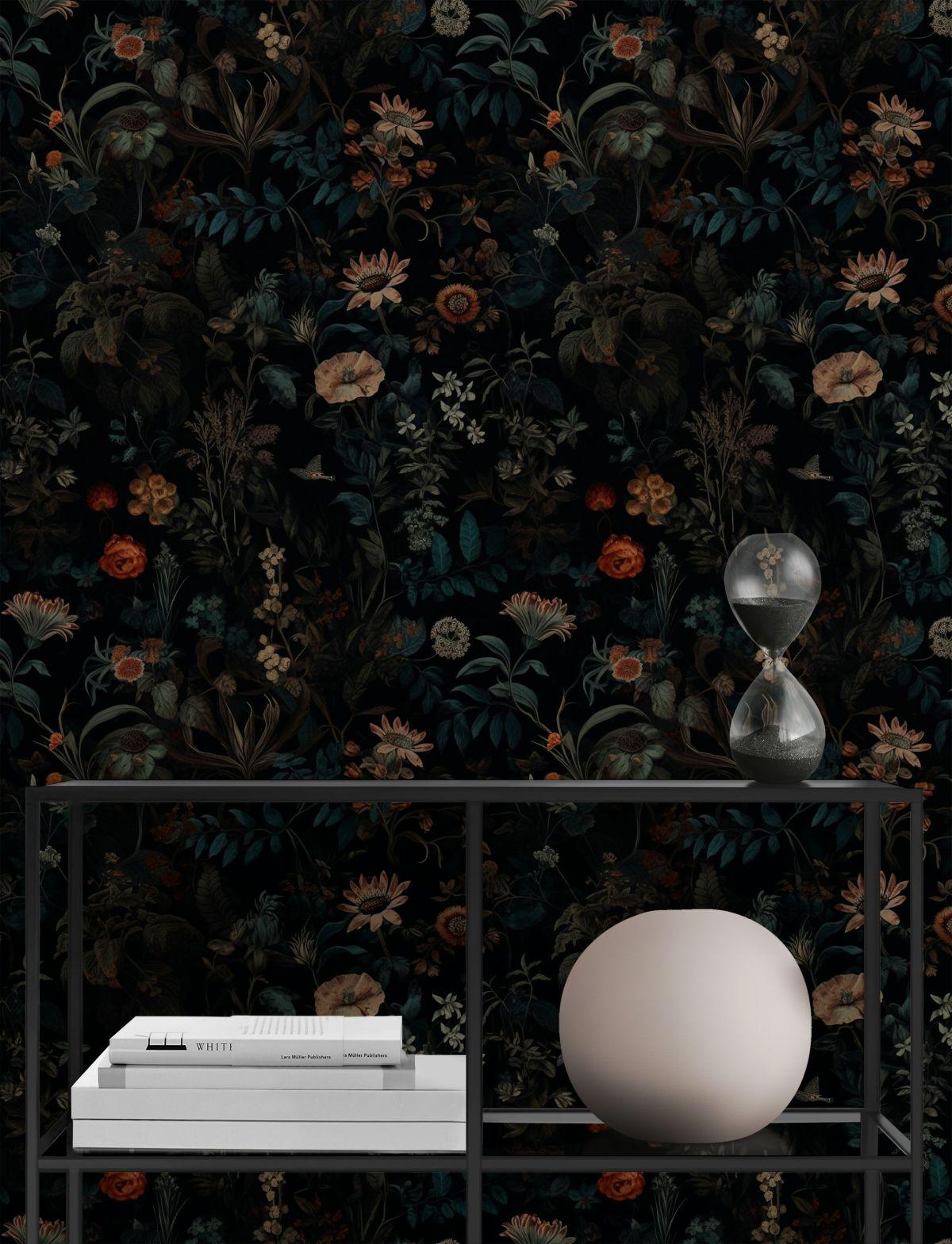 Elegant Dark Botanical Garden Wallpaper, Exotic Flowers on black Background, Mystic Wallpaper, Floral Wallpaper, Bohemian Wallpaper