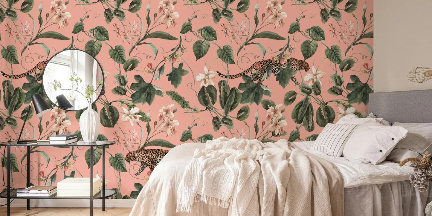 Leopard in Pink Jungle Wallpaper, Exotic Tropical Animal and Nature Wallpaper, Botanical Wallpaper, Floral Wallpaper