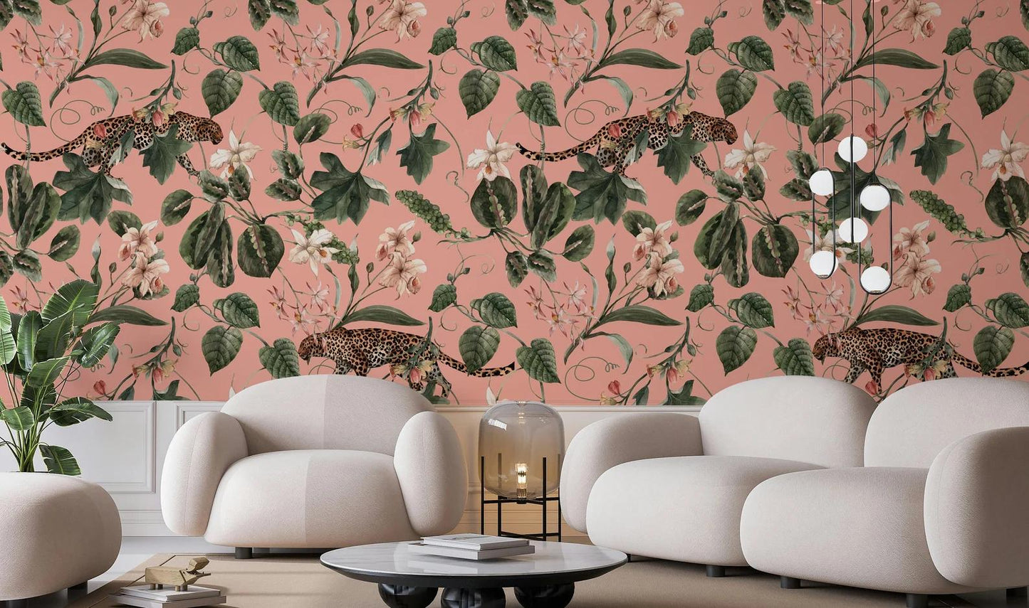 Leopard in Pink Jungle Wallpaper, Exotic Tropical Animal and Nature Wallpaper, Botanical Wallpaper, Floral Wallpaper