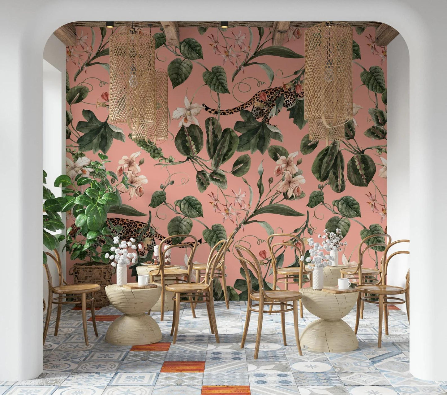 Leopard in Pink Jungle Wallpaper, Exotic Tropical Animal and Nature Wallpaper, Botanical Wallpaper, Floral Wallpaper