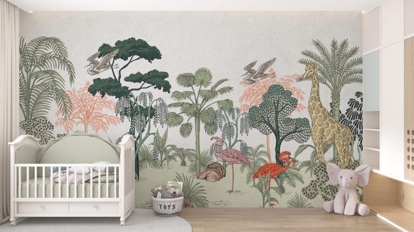 Linear Forest And Animals 3D Wallpaper For Kidsroom, Illustration Childrens Wallpaper, Wall Mural Nursery, Wide Wallpaper, Jungle Wallpaper