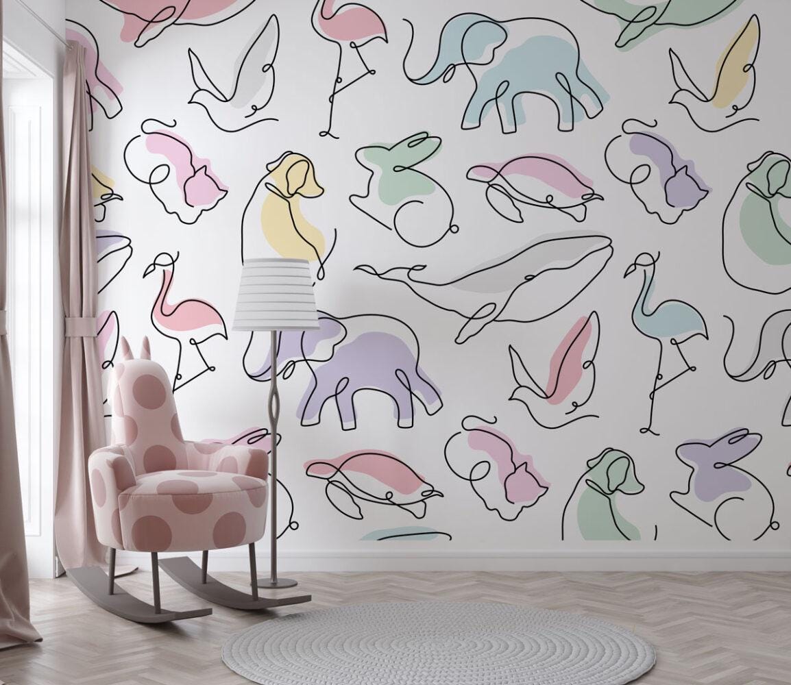 Linear Animal Figures Kids Wallpaper, illustration Wallpaper Nursery, Peel and Stick Wallpaper, Watercolor Wallpaper, Fun Wallpaper for Kids