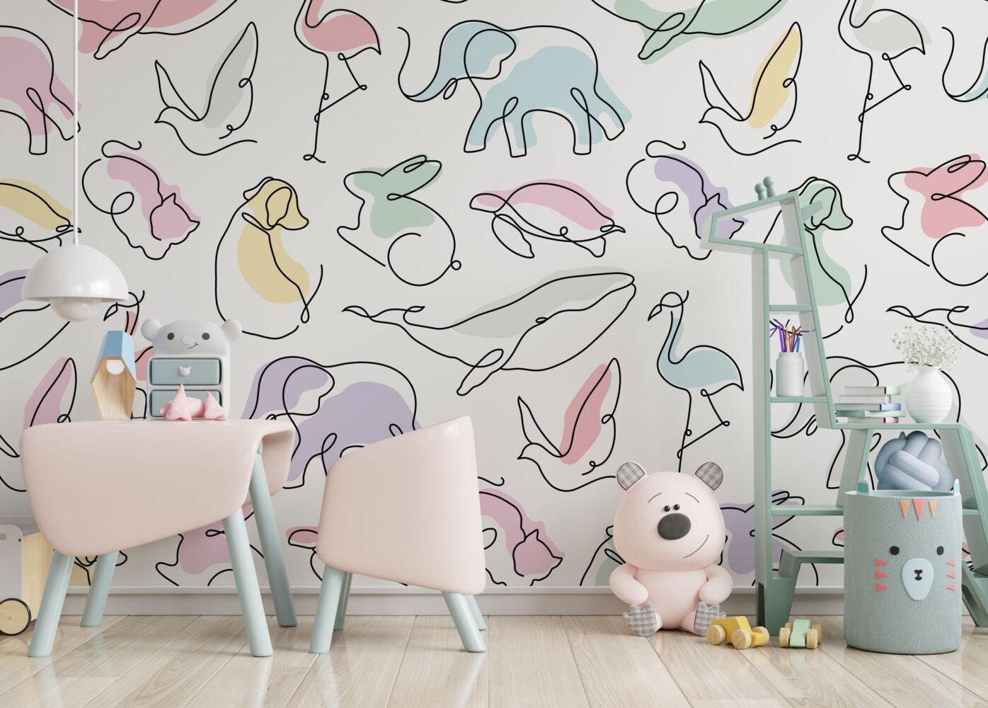 Linear Animal Figures Kids Wallpaper, illustration Wallpaper Nursery, Peel and Stick Wallpaper, Watercolor Wallpaper, Fun Wallpaper for Kids