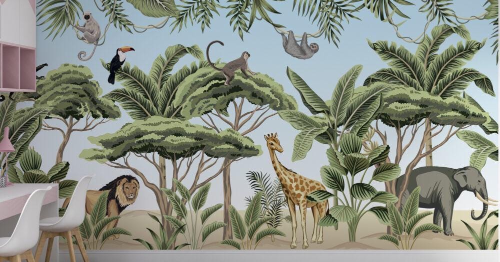 3D Wallpaper Tropical Animals for Kids Room, Children and Baby Wallpaper, Lion Elephant Giraffe Wallpaper Nursery, Wild Jungle Wallpaper