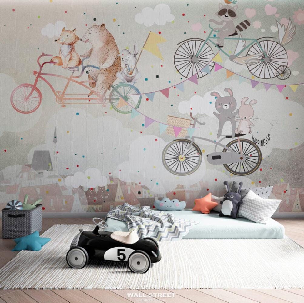 Animals on Bike 3D Wallpaper, Cute Animals Wallpaper Nursery, Childrens Wallpaper , Peel and Stick Wallpaper, Pink Baby Girl Wallpaper