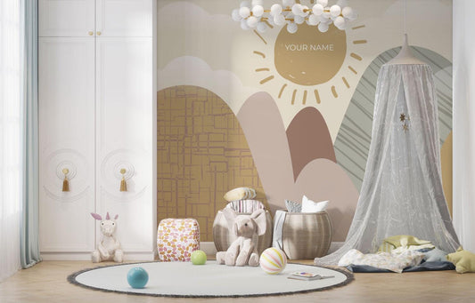 Mountain and Sun Personalized Kids Wallpaper, Illustration Wallpaper Nursery, Art Child Wallpaper, Colorful Peel and Stick Baby Wallpaper