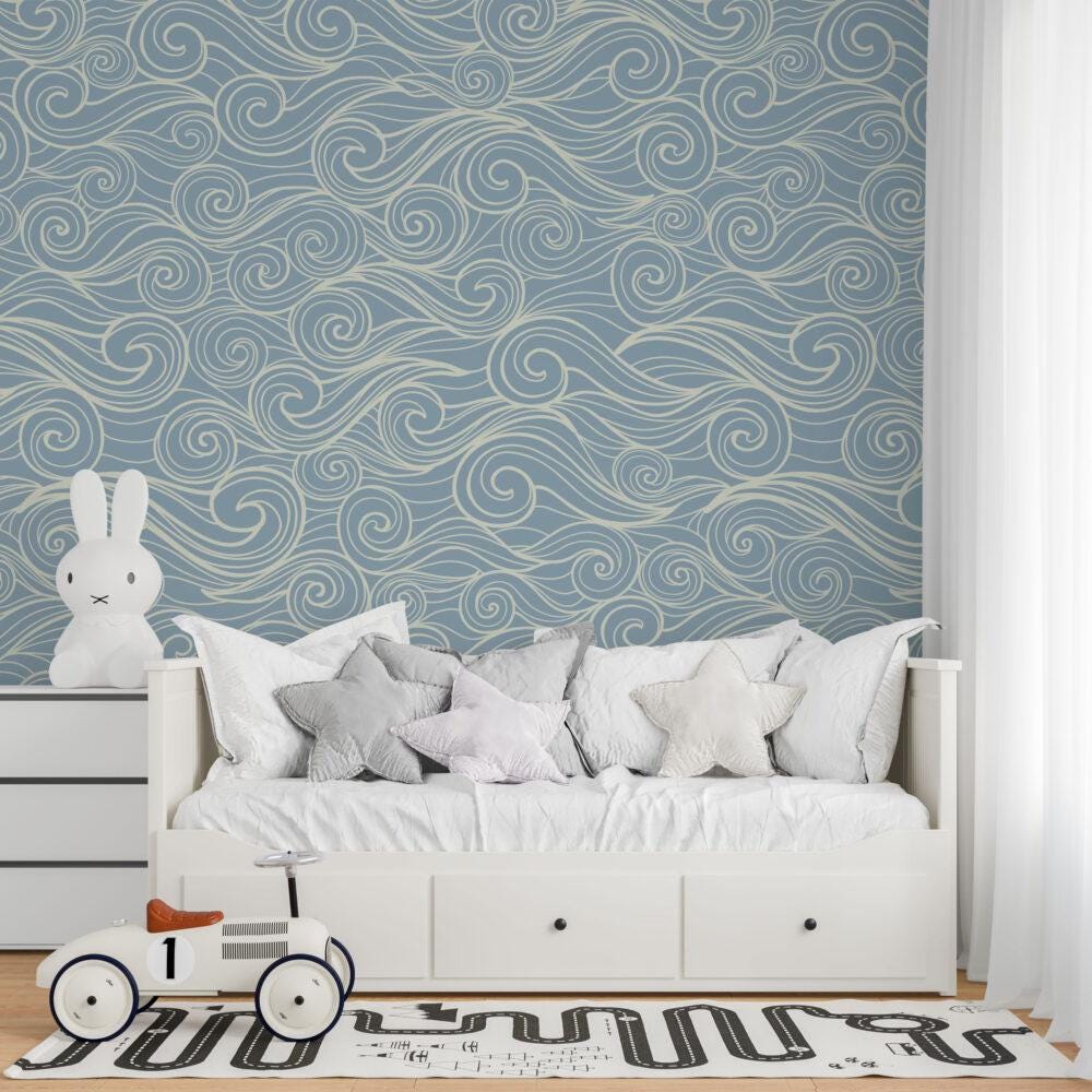 Linear Wave Pattern Wallpaper, Illustration Wallpaper Nursery, Art Child Wallpaper, Peel and Stick Baby Boy Wallpaper, Blue Kids Wallpaper