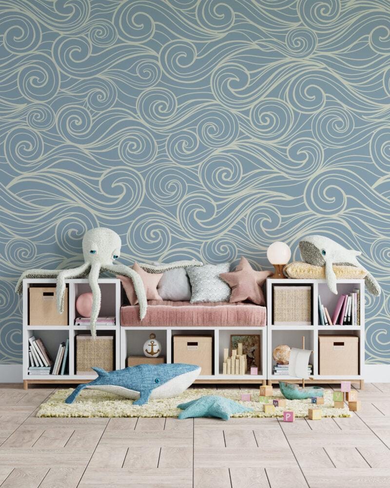 Linear Wave Pattern Wallpaper, Illustration Wallpaper Nursery, Art Child Wallpaper, Peel and Stick Baby Boy Wallpaper, Blue Kids Wallpaper