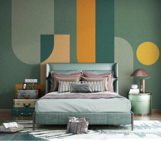Geometric Shapes Wallpaper in Green and Orange, Colorful Pattern Wallpaper, Boho Colored Mural, Peel & Stick Wallpaper, Stylish Wall Design