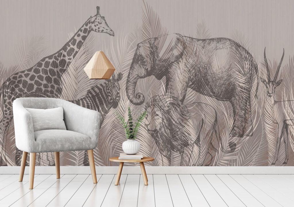 Shadows of Safari Animals Wallpaper, Giraffe Elephant Lion Zebra Gazelle Wallpaper, Exotic Jungle Wallpaper, Drawing Africa Wall Mural