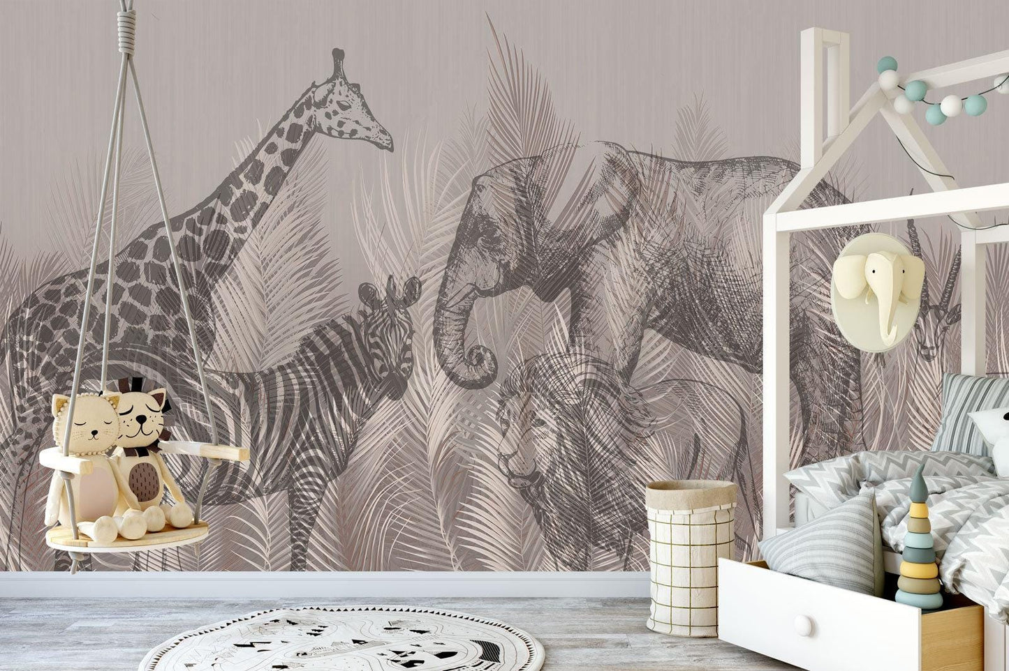 Shadows of Safari Animals Wallpaper, Giraffe Elephant Lion Zebra Gazelle Wallpaper, Exotic Jungle Wallpaper, Drawing Africa Wall Mural