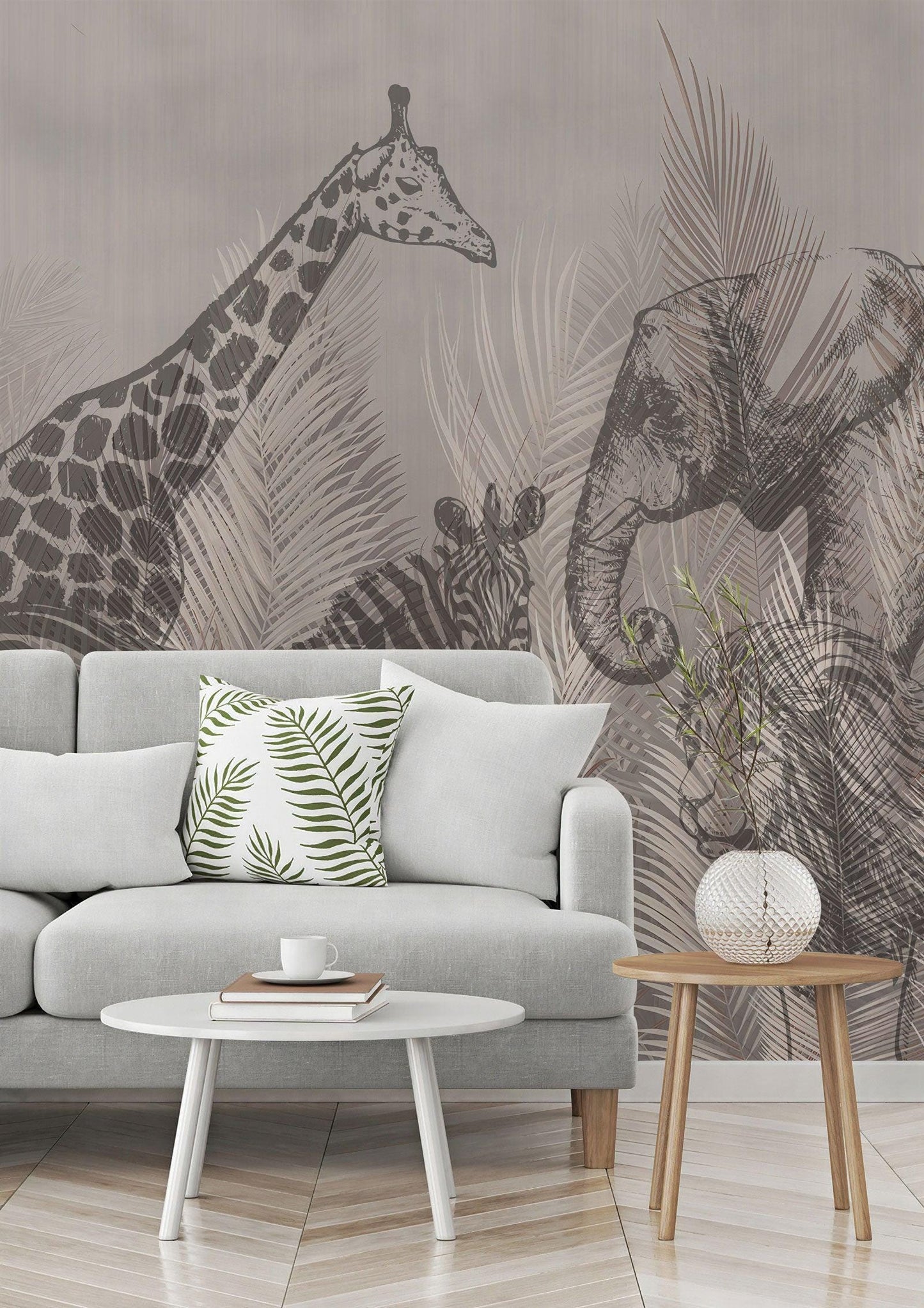 Shadows of Safari Animals Wallpaper, Giraffe Elephant Lion Zebra Gazelle Wallpaper, Exotic Jungle Wallpaper, Drawing Africa Wall Mural