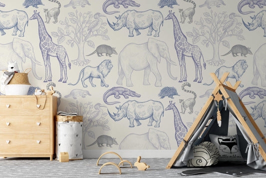 Blue Wild Animal Figures Kids Wallpaper, Illustration Wallpaper Nursery, Peel and Stick Wallpaper, Watercolor Wallpaper, Wallpaper For Baby