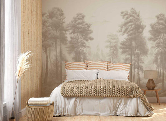 Grey Beech Forest Wallpaper, Bohemian Peel and Stick Wallpaper, Nature Wallpaper, Nostalgic Wallpaper, Drawwing Wallpaper, Trees Wallpaper